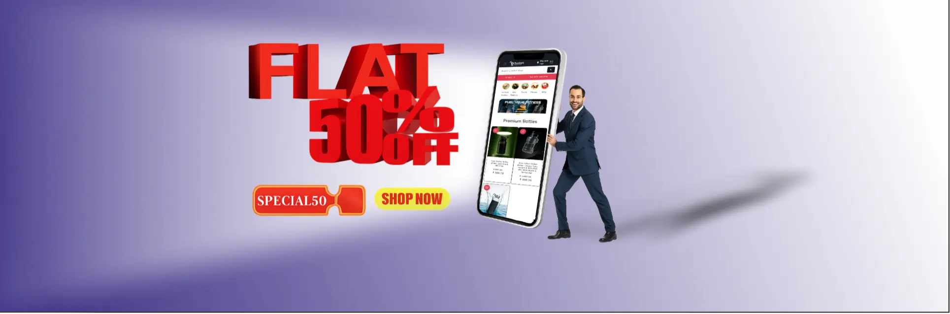 Promotional advertisement for Duokart with a man holding a smartphone displaying an app, and text about a flat 50% off offer.